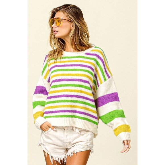 BOUTIQUE ITEM NWT Striped Mardi Gras Colors Comfy Sweater - Picture 4 of 4